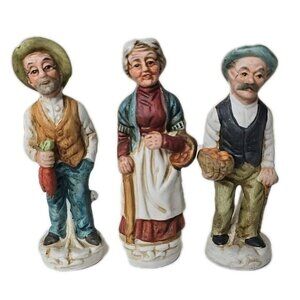 3 Vintage Porcelain Figurines Old Man Old Women baskets 4 1/4" Decor Folk Art